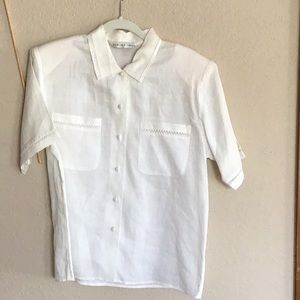 White linen tailored blouse with lace accents. Large, never worn
